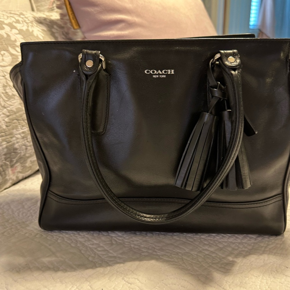 Coach black leather tote with cute tassel and handles (no strap)